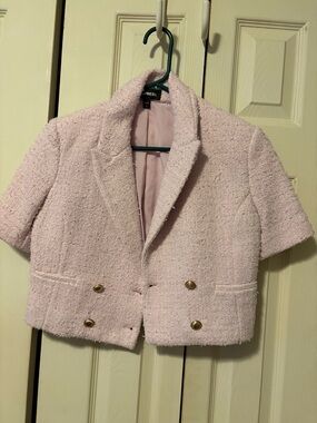 Express Pink Tweed Short Sleeve Cropped Blazer with Gold Buttons